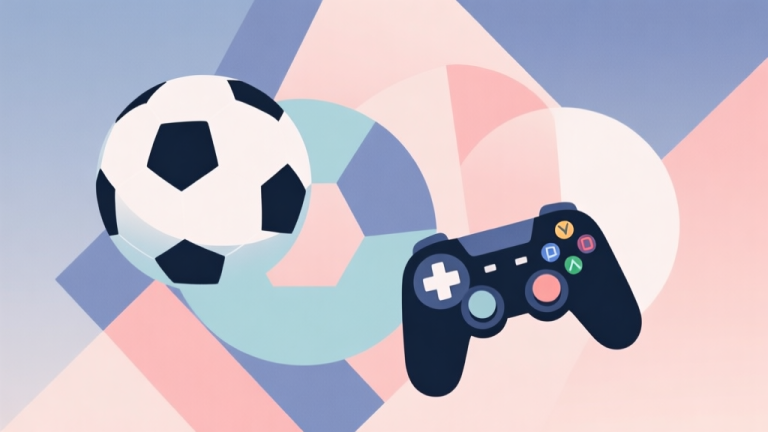 自动生成图片: Abstract geometric composition with overlapping shapes representing soccer balls and game controllers, soft pastel colors, modern minimal style, professional gaming concept illustration high quality illustration, detailed, 16:9