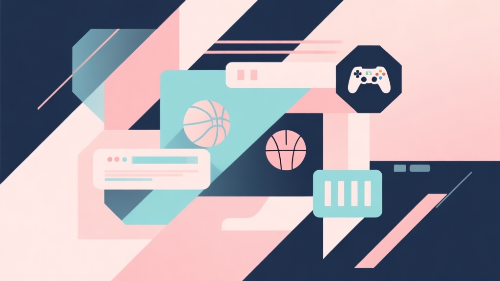 Abstract geometric composition with overlapping shapes representing sports and digital elements, soft pastel colors, modern minimal style, professional gaming concept illustration high quality illustration, detailed, 16:9