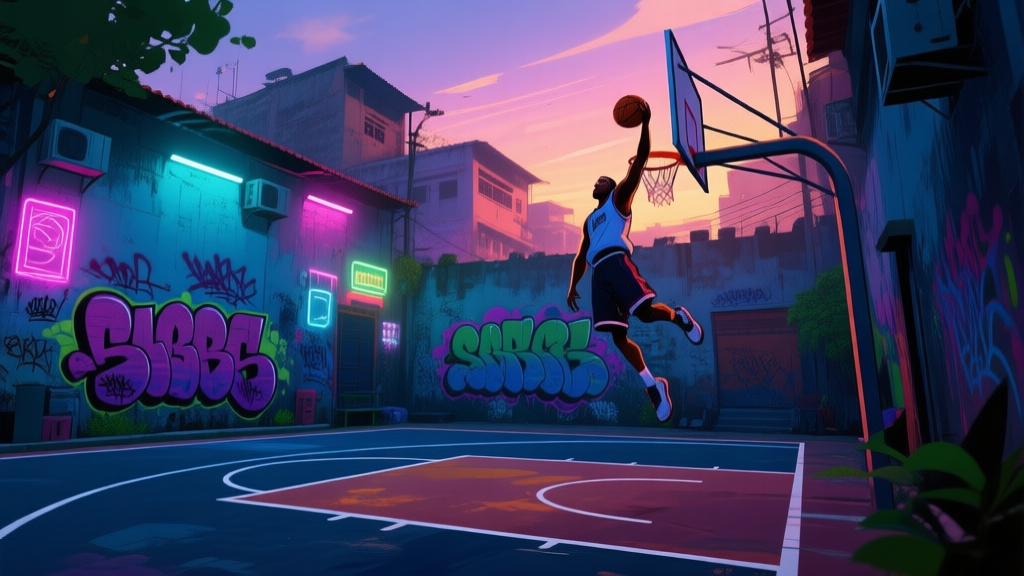 A dynamic, stylized video game scene of a street basketball court in a Jakarta alley at dusk, with graffiti on walls, neon lights, and a player mid-dunk, digital art style, vibrant colors, action-packed high quality illustration, detailed, 16:9