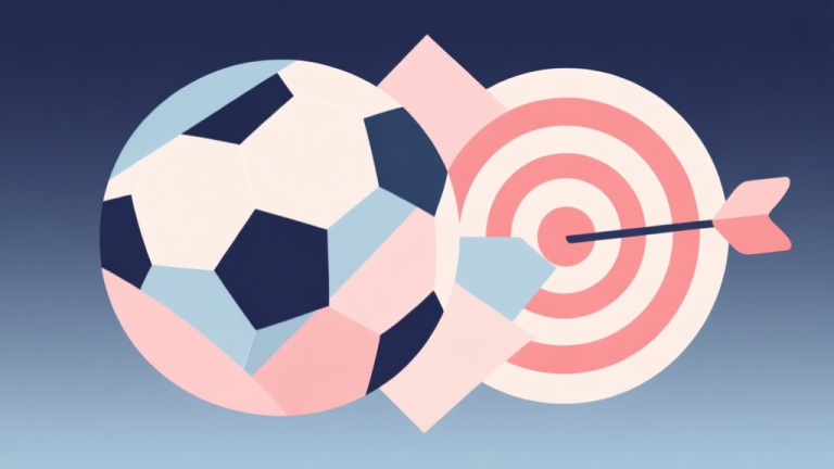 自动生成图片: Abstract geometric composition with overlapping shapes representing a soccer ball and target, soft pastel colors, modern minimal style, professional analysis concept illustration high quality illustration, detailed, 16:9