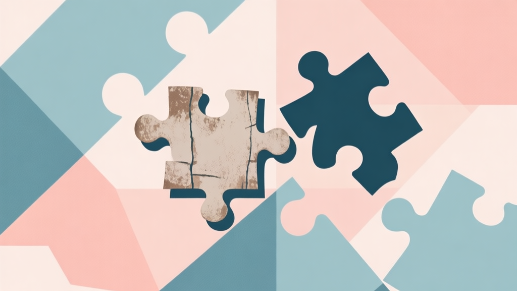 Abstract geometric composition with overlapping shapes representing old and new puzzle pieces, soft pastel colors, modern minimal style, professional business concept illustration of comparison high quality illustration, detailed, 16:9