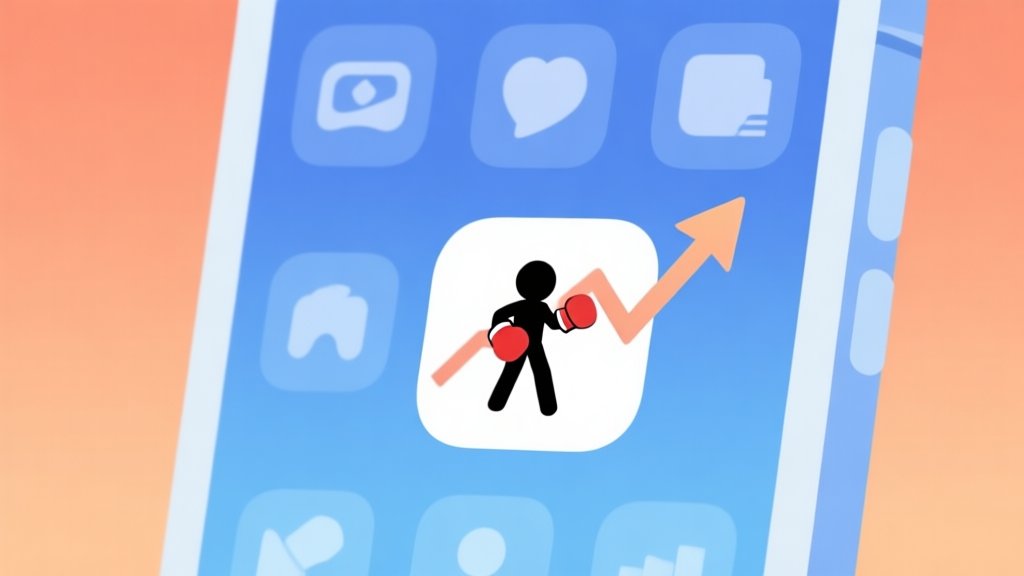 A minimalist illustration showing a smartphone screen with multiple simple, iconic game apps. One app, featuring a stickman boxing glove, is highlighted with an upward trending graph arrow. Soft blue and orange gradient background, clean flat design. high quality illustration, detailed, 16:9