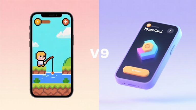 自动生成图片: A split-screen concept illustration. Left side shows a simple, charming 2D pixel art fishing game scene on a mobile phone. Right side shows a sleek, modern 3D hyper-casual game interface. Soft gradient background, clean and minimalist design, professional comparison visual. high quality illustration, detailed, 16:9