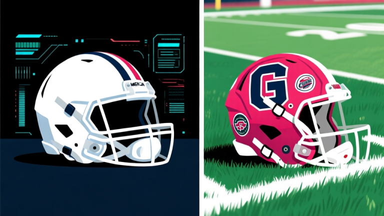 自动生成图片: A split-screen minimalist illustration. Left side shows a sleek, professional American football helmet on a dark background with digital HUD elements. Right side shows a vibrant, textured college football helmet with team stickers on a grassy field. Clean, modern design. high quality illustration, detailed, 16:9