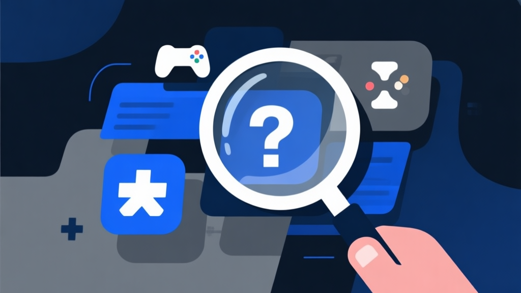 Abstract investigative concept with a magnifying glass over digital game icons and question marks, dark blue and grey color scheme, clean minimal design, modern digital illustration high quality illustration, detailed, 16:9