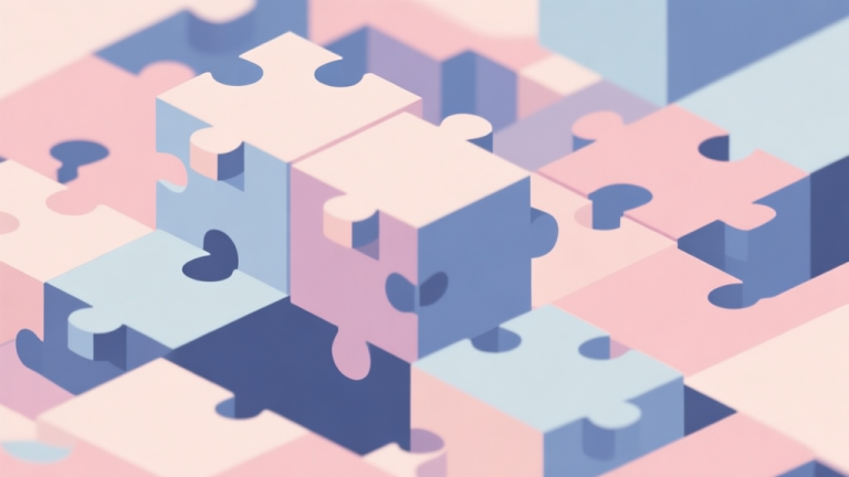 自动生成图片: Abstract geometric composition with overlapping puzzle pieces and cubes, soft pastel colors, modern minimal style, professional game trend analysis concept high quality illustration, detailed, 16:9