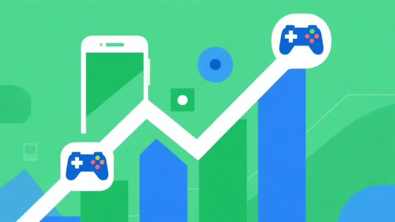 自动生成图片: Upward trending graph with simple geometric elements, green and blue color palette, clean business infographic style, minimal design, showing mobile game controller icons rising high quality illustration, detailed, 16:9