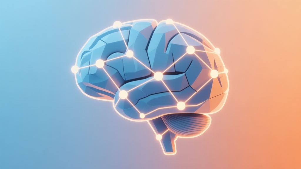 Abstract geometric brain puzzle with interconnected nodes and glowing connections, soft blue and orange gradient background, clean minimalist design, digital concept illustration high quality illustration, detailed, 16:9