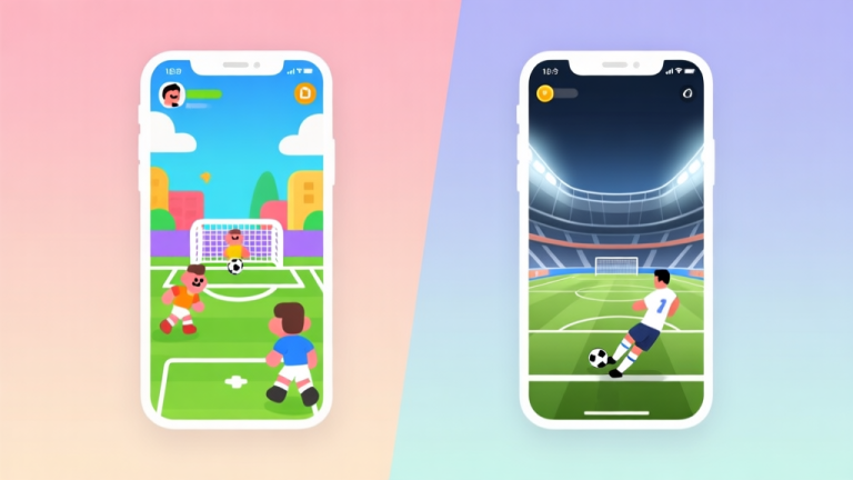 自动生成图片: A split-screen illustration showing two contrasting mobile game interfaces. Left side: cartoonish, colorful penalty shootout scene. Right side: more realistic, sleek football stadium with a player taking a penalty. Minimalist design, soft gradient background. high quality illustration, detailed, 16:9