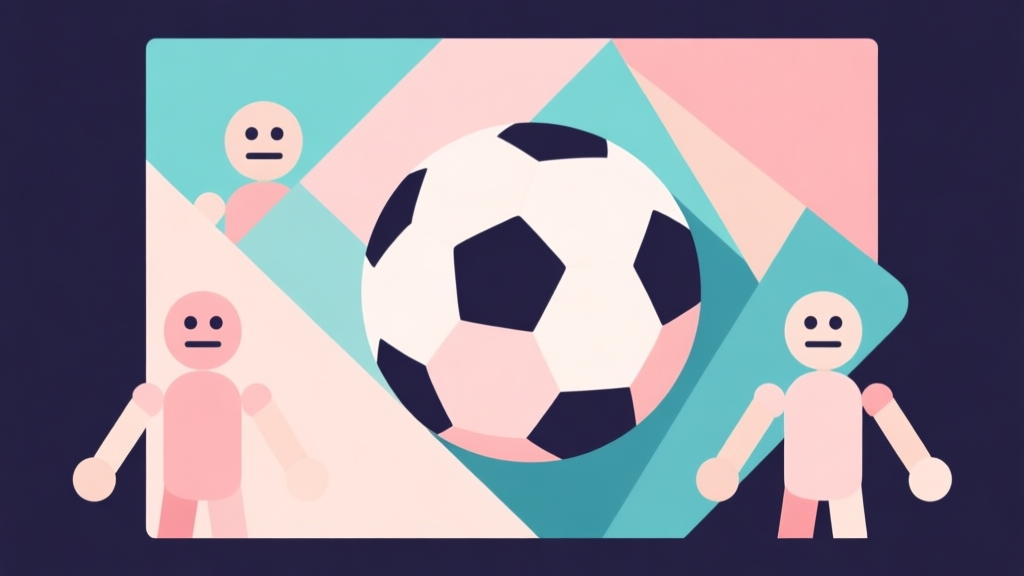 Abstract geometric composition with overlapping shapes representing a soccer ball and simple puppet figures, soft pastel colors, modern minimal style, professional gaming concept illustration high quality illustration, detailed, 16:9