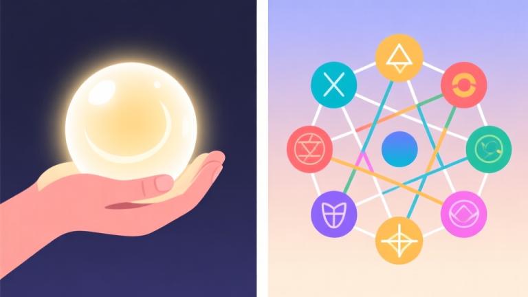 自动生成图片: A split-concept illustration showing a calm, meditative hand holding a glowing magical orb on one side, and a dynamic, interconnected web of colorful elemental symbols on the other, soft gradient background, minimalist flat design high quality illustration, detailed, 16:9