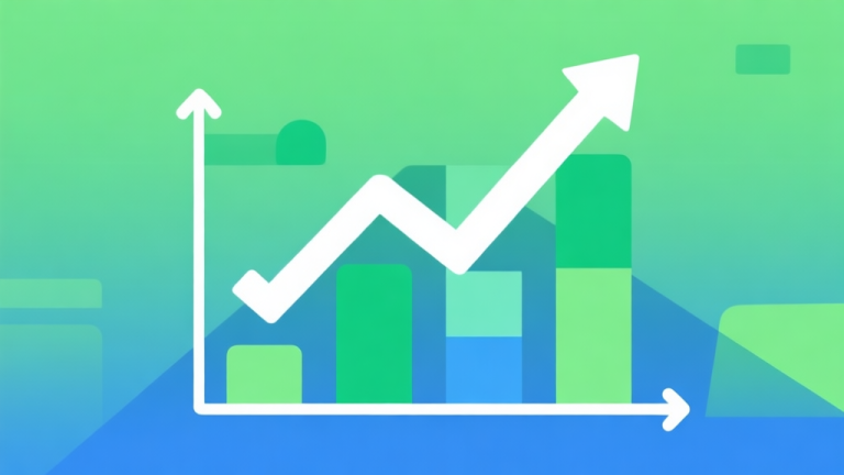 自动生成图片: Upward trending graph with simple geometric elements, green and blue color palette, clean business infographic style, minimal design, representing mobile game growth high quality illustration, detailed, 16:9