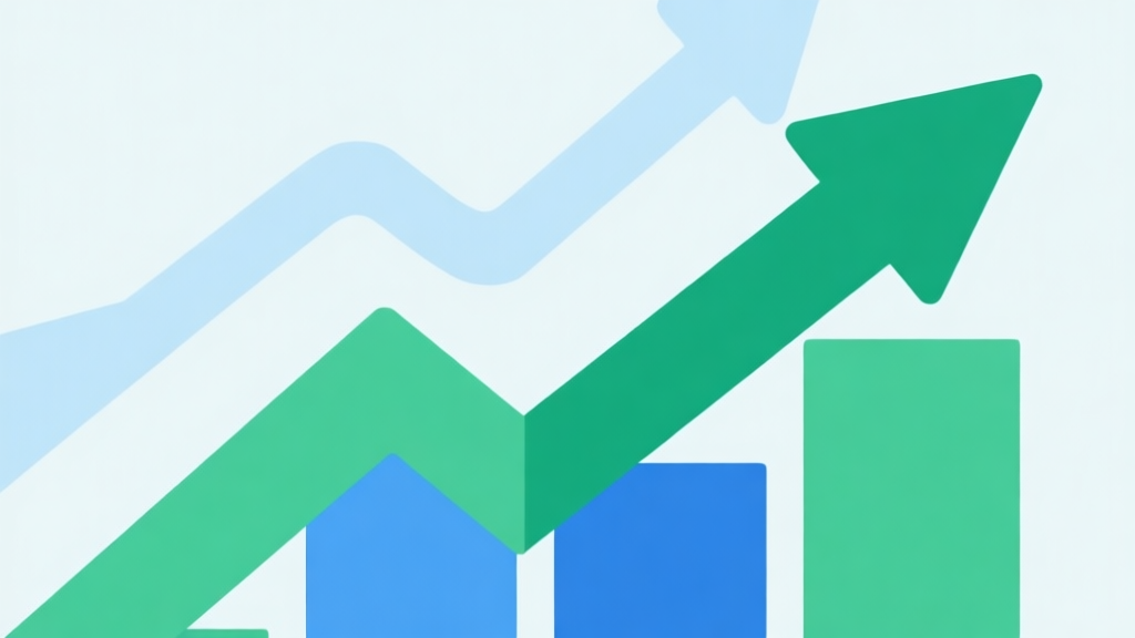 Upward trending graph with simple geometric elements, green and blue color palette, clean business infographic style, minimal design, representing market growth high quality illustration, detailed, 16:9