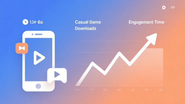 自动生成图片: Minimalist business dashboard showing upward trend lines for casual game downloads and engagement time, soft gradient background of blue and orange, clean geometric shapes representing mobile devices and play icons high quality illustration, detailed, 16:9