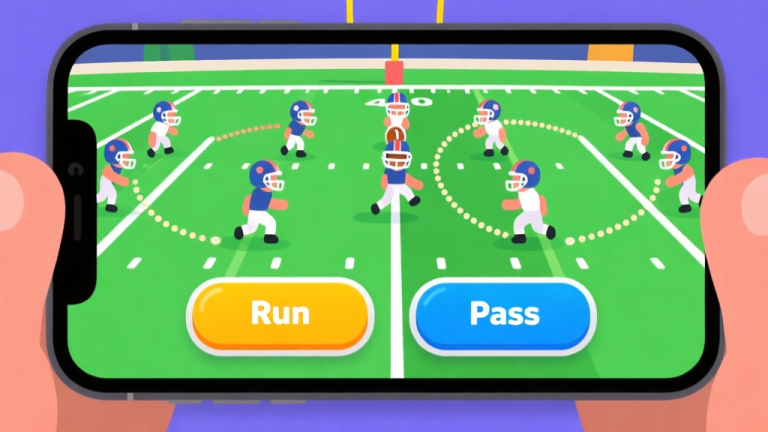 自动生成图片: A vibrant, stylized mobile game interface showing a simplified American football play. The screen has clear, large buttons for "Run" and "Pass", with dotted lines indicating player routes, set against a bright green football field. Cartoonish players in helmets, clean and intuitive UI, modern flat design. high quality illustration, detailed, 16:9
