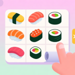 自动生成图片: A vibrant, minimalist game UI mockup showing colorful sushi pieces (nigiri, maki rolls) on a clean grid, with a subtle hand gesture rolling the board, pastel background, flat design style, playful and appetizing aesthetic high quality illustration, detailed, 16:9