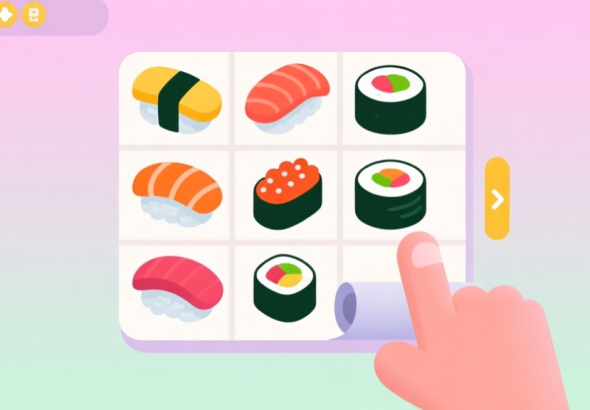自动生成图片: A vibrant, minimalist game UI mockup showing colorful sushi pieces (nigiri, maki rolls) on a clean grid, with a subtle hand gesture rolling the board, pastel background, flat design style, playful and appetizing aesthetic high quality illustration, detailed, 16:9