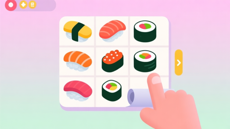 自动生成图片: A vibrant, minimalist game UI mockup showing colorful sushi pieces (nigiri, maki rolls) on a clean grid, with a subtle hand gesture rolling the board, pastel background, flat design style, playful and appetizing aesthetic high quality illustration, detailed, 16:9