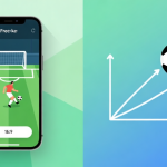 自动生成图片: Abstract split-screen illustration comparing a smartphone showing a soccer free-kick game interface on one side, and a minimalist diagram of a soccer ball trajectory with force vectors on the other, soft green and blue gradient background, clean geometric style high quality illustration, detailed, 16:9