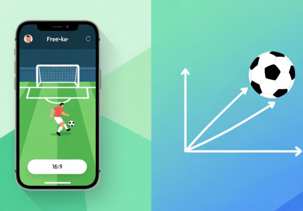 自动生成图片: Abstract split-screen illustration comparing a smartphone showing a soccer free-kick game interface on one side, and a minimalist diagram of a soccer ball trajectory with force vectors on the other, soft green and blue gradient background, clean geometric style high quality illustration, detailed, 16:9