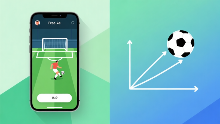 自动生成图片: Abstract split-screen illustration comparing a smartphone showing a soccer free-kick game interface on one side, and a minimalist diagram of a soccer ball trajectory with force vectors on the other, soft green and blue gradient background, clean geometric style high quality illustration, detailed, 16:9