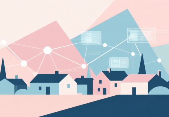自动生成图片: Abstract geometric composition with overlapping shapes representing a calm village and digital network, soft pastel colors, modern minimal style, professional business concept illustration high quality illustration, detailed, 16:9