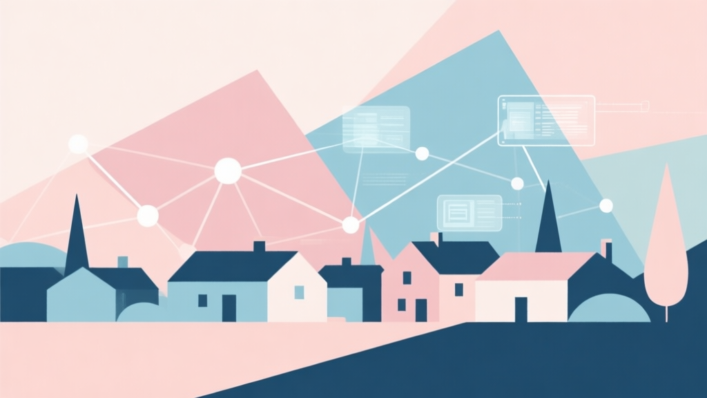 Abstract geometric composition with overlapping shapes representing a calm village and digital network, soft pastel colors, modern minimal style, professional business concept illustration high quality illustration, detailed, 16:9