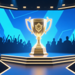 自动生成图片: Modern esports tournament stage with glowing trophy centerpiece, abstract crowd silhouette in background, blue and gold color scheme, clean minimalist design, digital competition concept high quality illustration, detailed, 16:9