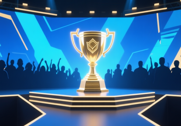 自动生成图片: Modern esports tournament stage with glowing trophy centerpiece, abstract crowd silhouette in background, blue and gold color scheme, clean minimalist design, digital competition concept high quality illustration, detailed, 16:9