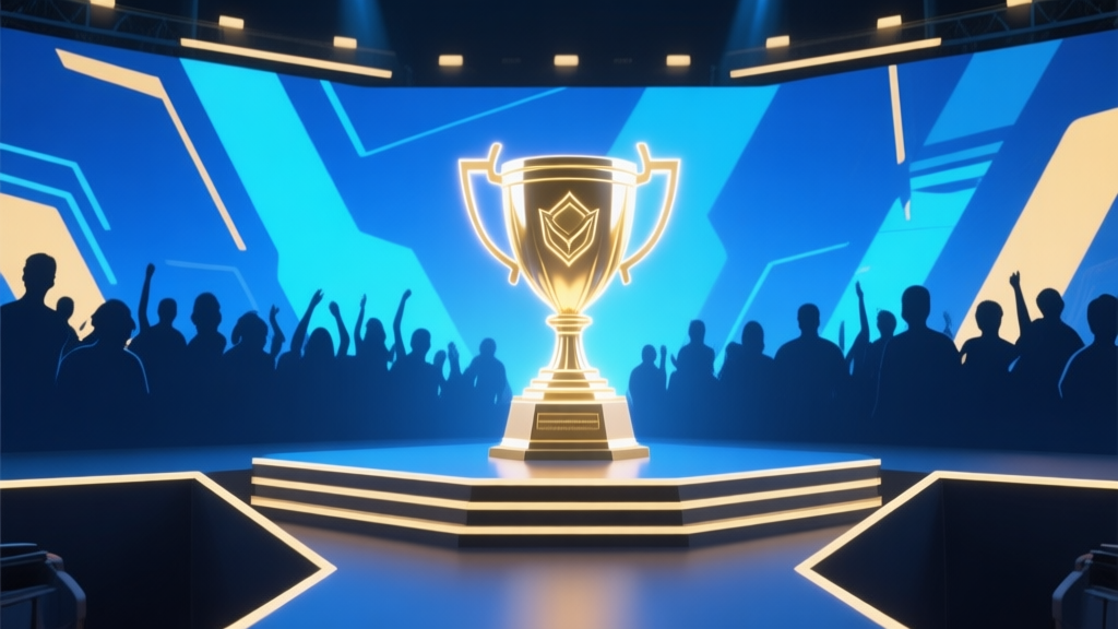 Modern esports tournament stage with glowing trophy centerpiece, abstract crowd silhouette in background, blue and gold color scheme, clean minimalist design, digital competition concept high quality illustration, detailed, 16:9