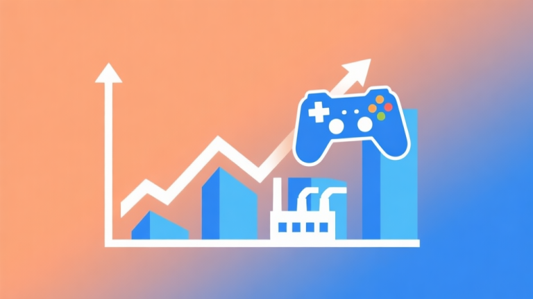 自动生成图片: Upward trending graph with game controller and factory icons integrated, soft gradient background of orange and blue, clean geometric shapes representing growth, minimalist data visualization style high quality illustration, detailed, 16:9
