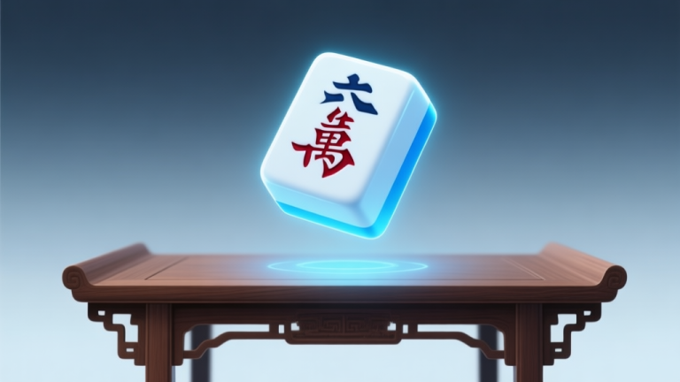 自动生成图片: A modern digital mahjong tile floating above a traditional wooden table, glowing with soft blue energy, minimalist style, clean gradient background, blending classic and futuristic elements high quality illustration, detailed, 16:9