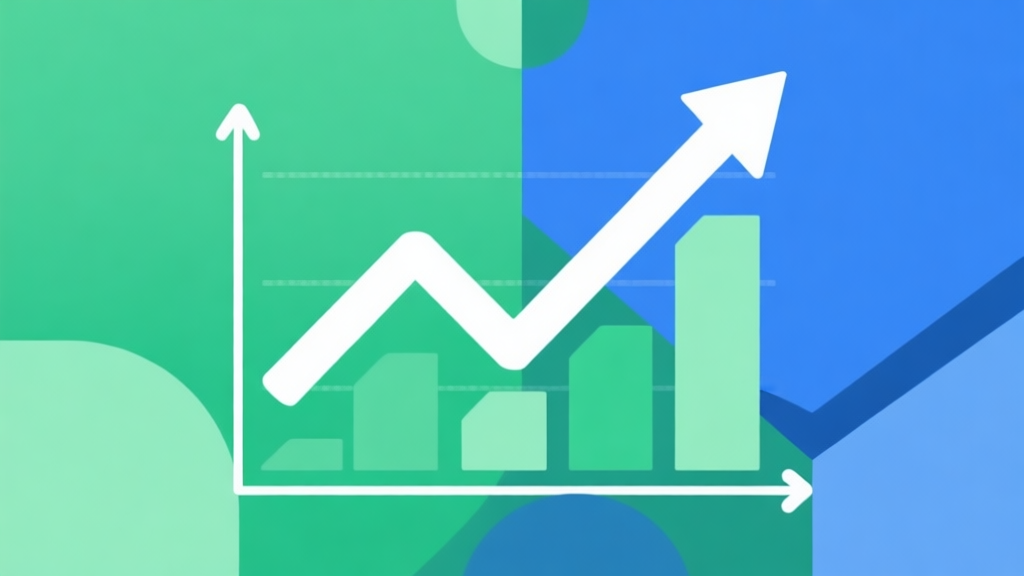 Upward trending graph with simple geometric elements, green and blue color palette, clean business infographic style, minimal design, representing market growth high quality illustration, detailed, 16:9