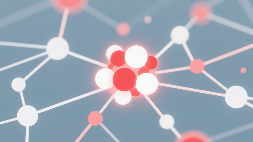 Abstract network nodes connected by lines, one cluster glowing with red and white colors, soft color scheme, clean minimal illustration, modern digital connection concept high quality illustration, detailed, 16:9