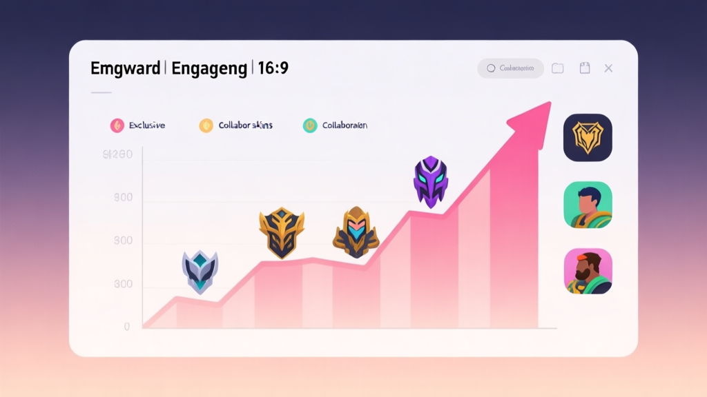 Upward trending graph showing engagement spikes during collaboration events, with icons of exclusive skins and players, soft gradient background, clean infographic style, minimalist design high quality illustration, detailed, 16:9