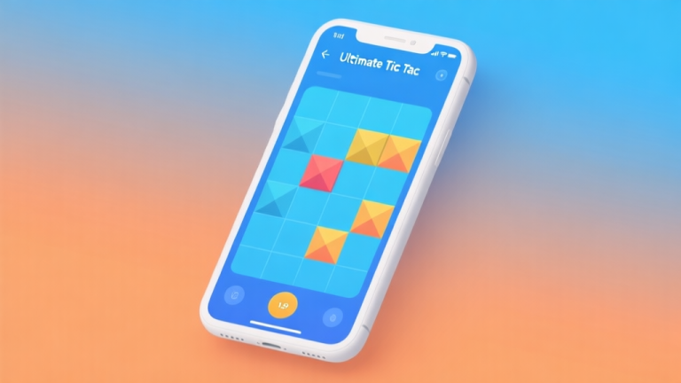 自动生成图片: Minimalist smartphone mockup displaying a colorful and clean Ultimate Tic Tac Toe game interface, geometric grid design, soft blue and orange gradient background, modern flat design style high quality illustration, detailed, 16:9