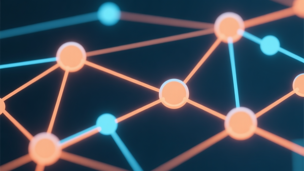 Abstract network nodes connected by lines, glowing with soft orange and blue light, clean minimal illustration, modern digital concept of obsession and connection high quality illustration, detailed, 16:9