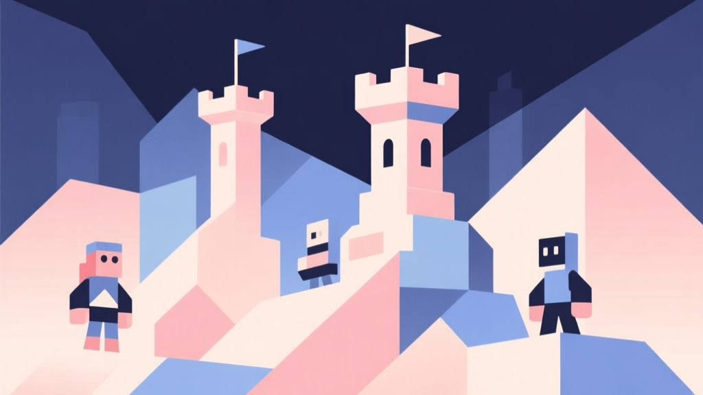 Abstract geometric composition with overlapping shapes representing game towers and characters, soft pastel colors, modern minimal style, professional gaming concept illustration high quality illustration, detailed, 16:9