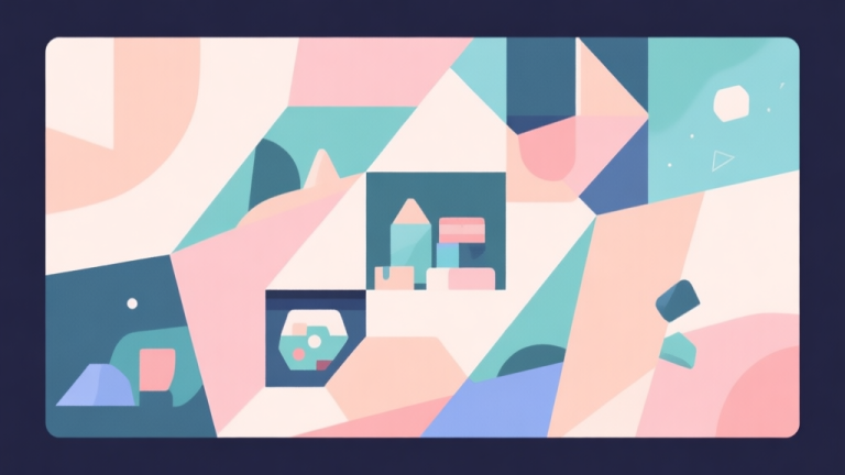自动生成图片: Abstract geometric composition with overlapping shapes representing exploration and collection, soft pastel colors, modern minimal style, professional game design concept illustration high quality illustration, detailed, 16:9