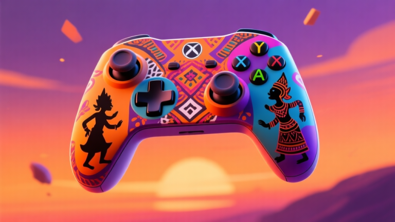 自动生成图片: A vibrant, stylized game controller with Indonesian cultural motifs like batik patterns and wayang silhouettes integrated into its design, floating against a gradient background of sunset orange and purple, modern digital art style high quality illustration, detailed, 16:9
