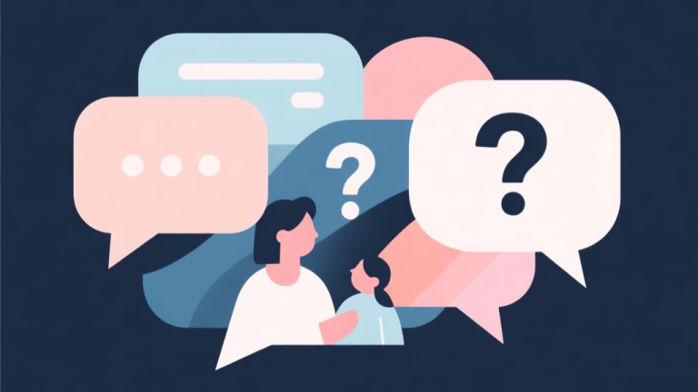 自动生成图片: Abstract geometric composition with overlapping stylized speech bubbles and question marks, soft pastel colors, modern minimal style, professional concept of communication and family interaction high quality illustration, detailed, 16:9