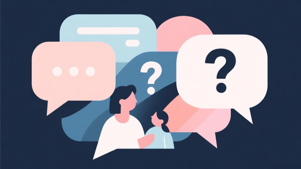 Abstract geometric composition with overlapping stylized speech bubbles and question marks, soft pastel colors, modern minimal style, professional concept of communication and family interaction high quality illustration, detailed, 16:9