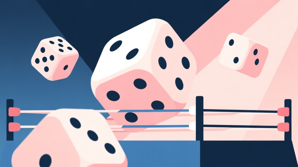 Abstract geometric composition with overlapping dice and wrestling ring elements, soft pastel colors, modern minimal style, professional game concept illustration high quality illustration, detailed, 16:9