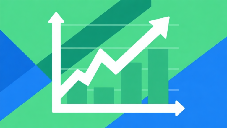 自动生成图片: Upward trending graph with simple geometric elements, green and blue color palette, clean business infographic style, minimal design high quality illustration, detailed, 16:9