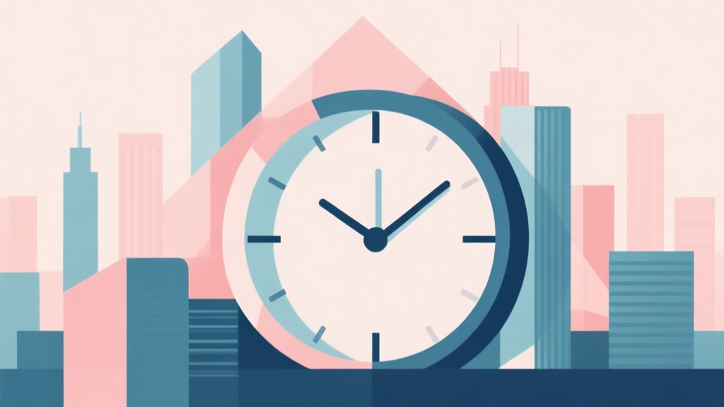 Abstract geometric composition with overlapping shapes representing a city skyline and a clock, soft pastel colors, modern minimal style, professional business concept illustration of time management high quality illustration, detailed, 16:9