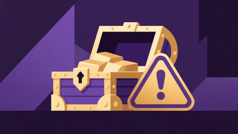 自动生成图片: Abstract geometric composition with overlapping treasure chest and warning sign, soft gold and dark purple color scheme, modern minimal style, professional game design concept illustration high quality illustration, detailed, 16:9