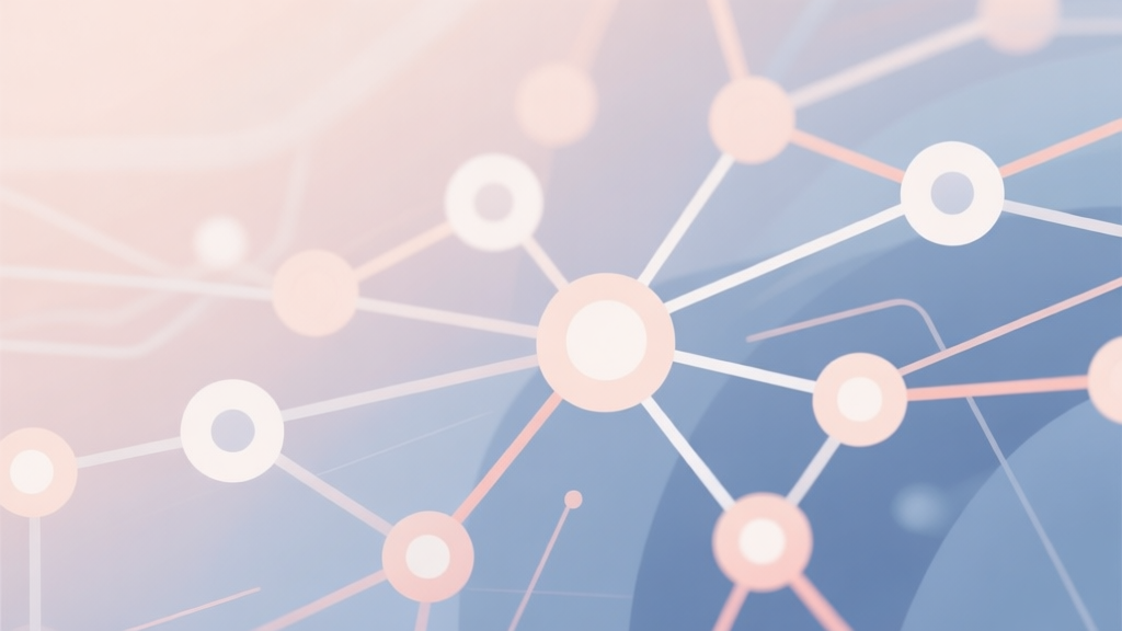 Abstract network nodes connected by lines, soft color scheme, clean minimal illustration, modern digital concept of merging and strategy high quality illustration, detailed, 16:9