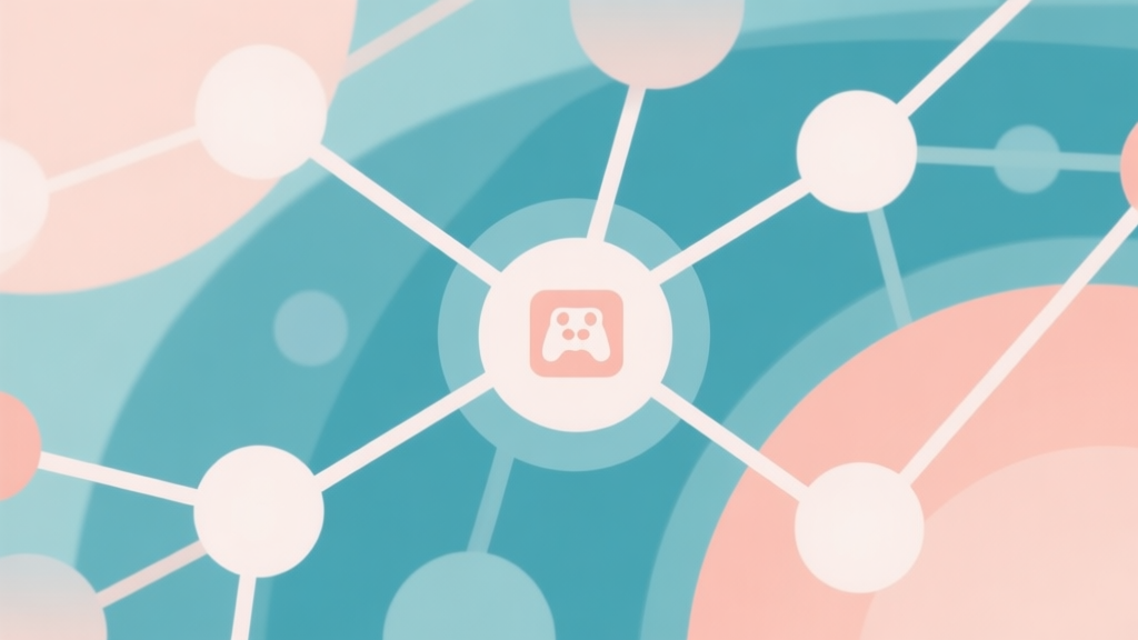 Abstract network nodes connected by lines, soft color scheme, clean minimal illustration, modern digital concept representing social gaming connections high quality illustration, detailed, 16:9