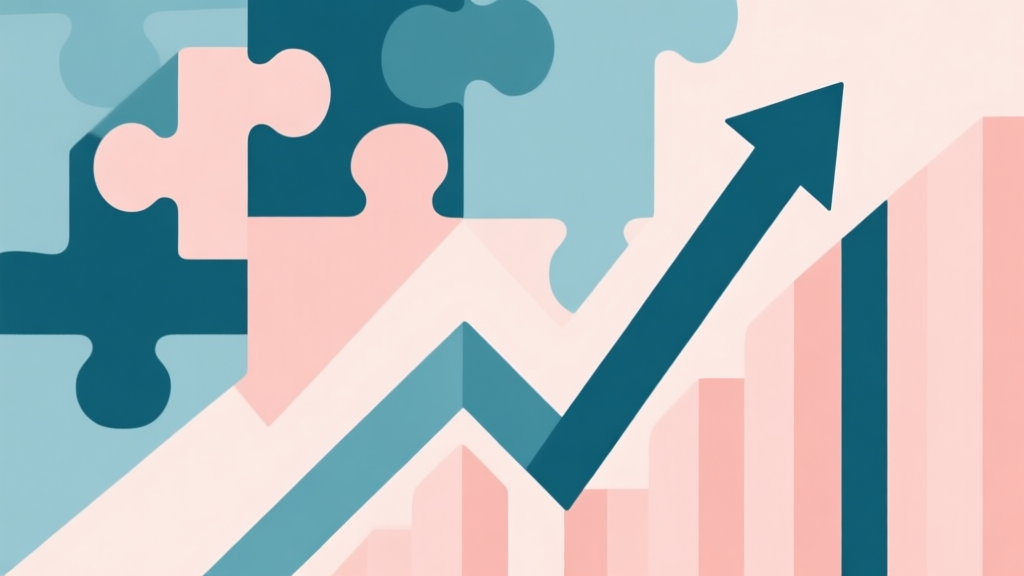 Abstract geometric composition with overlapping shapes representing puzzle pieces and a rising graph, soft pastel colors, modern minimal style, professional business concept illustration for growth trends high quality illustration, detailed, 16:9