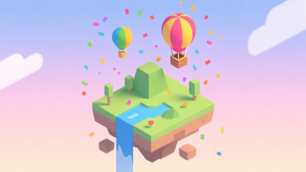 A vibrant, minimalist isometric scene of a floating island in a pastel sky with colorful hot air balloons and confetti, clean flat design, joyful game art style, soft gradient background high quality illustration, detailed, 16:9
